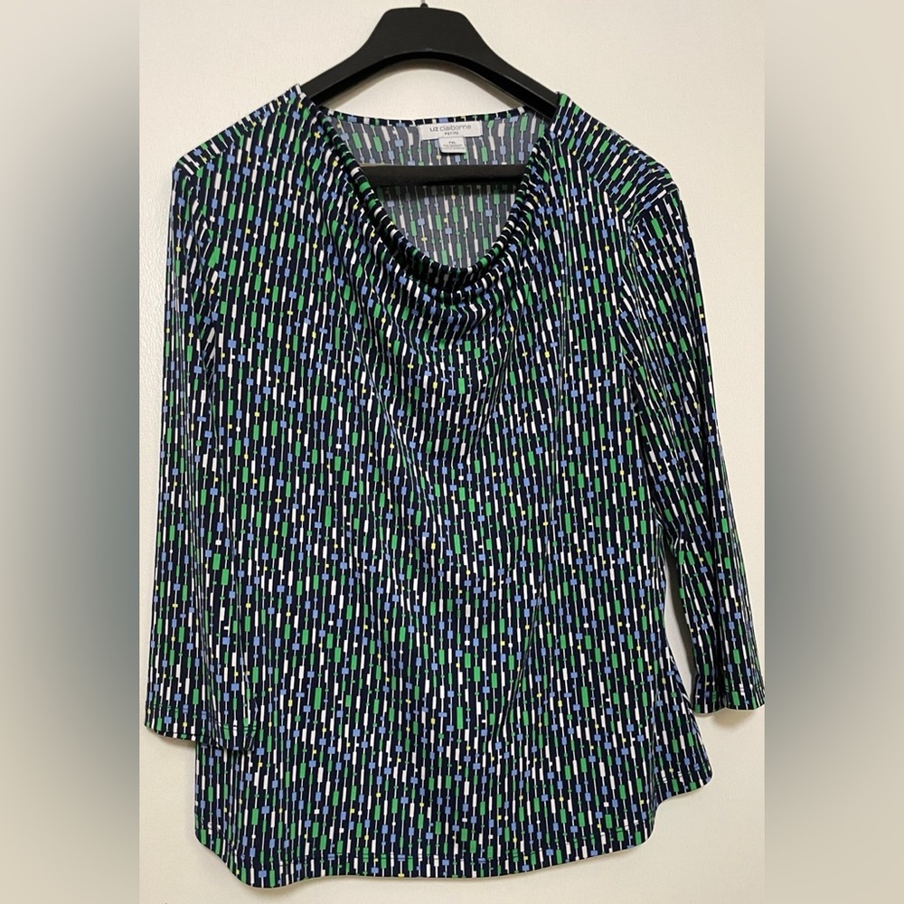 Liz Claiborne Petite XL PXL scoop neck blue geo print midi sleeve top blouse